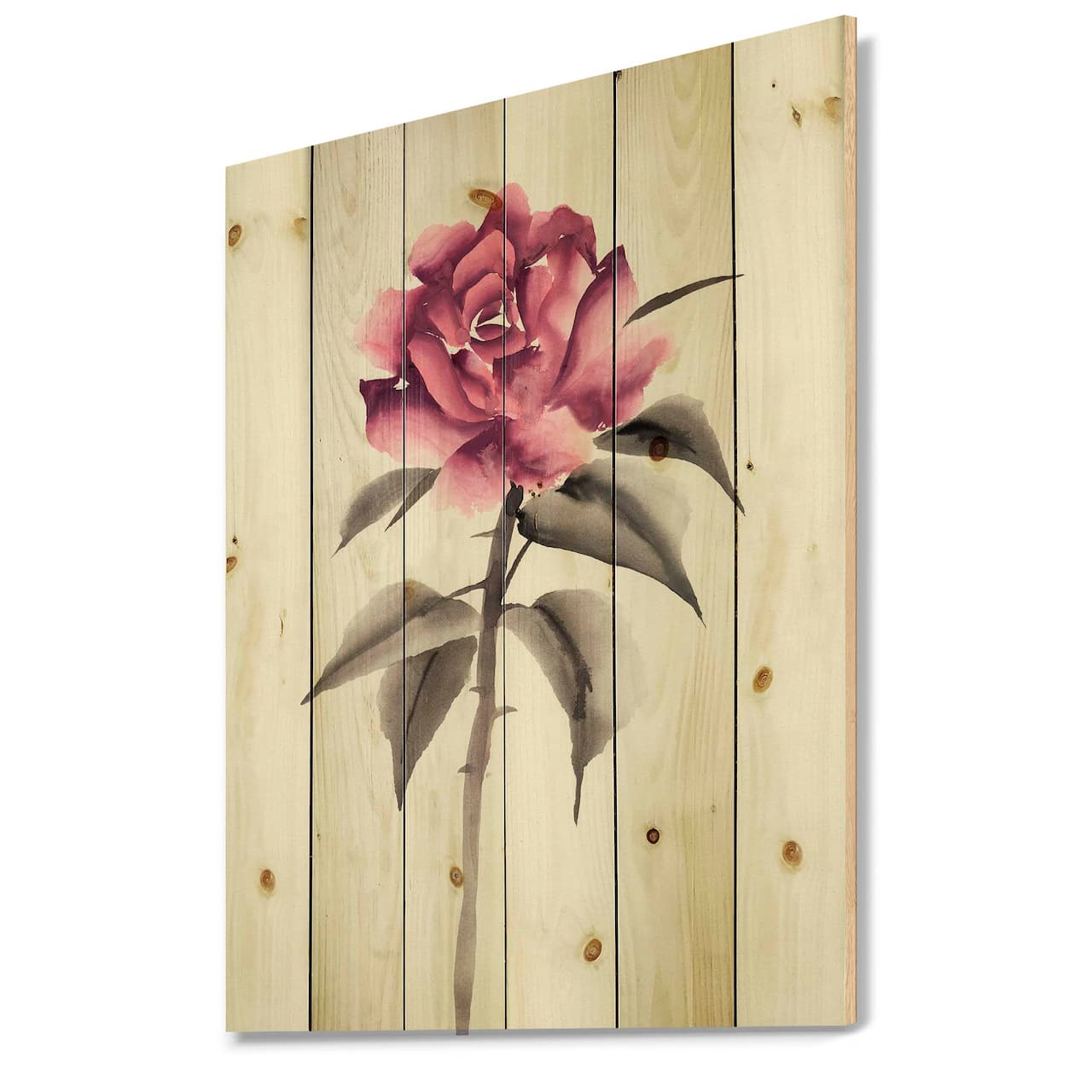Designart - Vintage Pink Rose Flower - Traditional Print on Natural Pine Wood